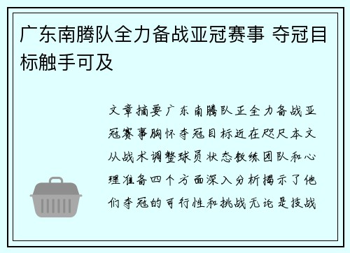 广东南腾队全力备战亚冠赛事 夺冠目标触手可及