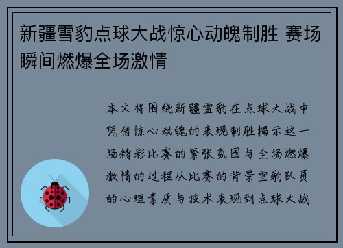 新疆雪豹点球大战惊心动魄制胜 赛场瞬间燃爆全场激情