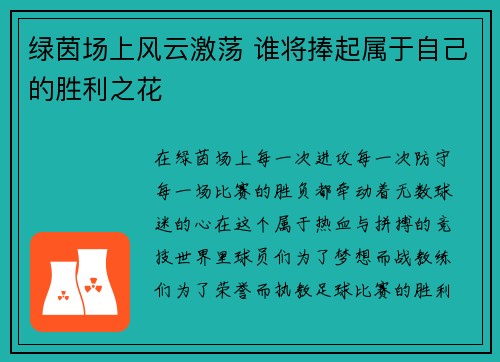 绿茵场上风云激荡 谁将捧起属于自己的胜利之花