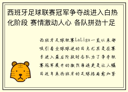 西班牙足球联赛冠军争夺战进入白热化阶段 赛情激动人心 各队拼劲十足