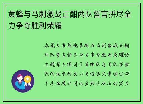 黄蜂与马刺激战正酣两队誓言拼尽全力争夺胜利荣耀
