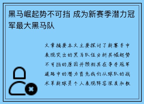 黑马崛起势不可挡 成为新赛季潜力冠军最大黑马队